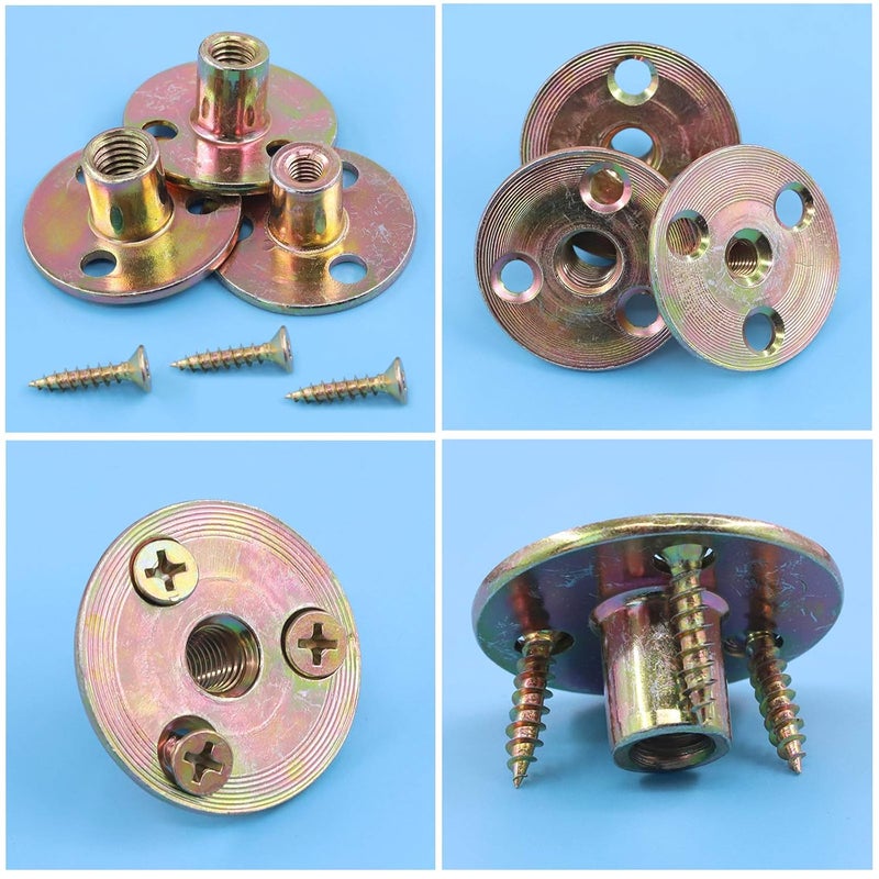 Glarks 64Pcs M10(3/8'') Brad Hole Tee Nut with Mounting Screws Set Zinc Plated Carbon Steel 3-Hole T-Nuts Furniture Hardware Flange Insert Female Thread for Wood Furniture - Image 4